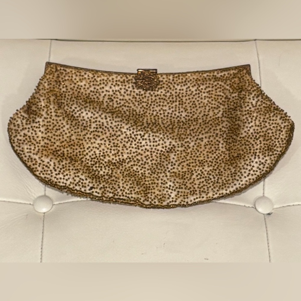 Vintage Gold Beaded Clutch Purse with Detailed Clasp Made in France